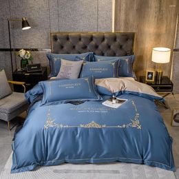 Bedding Sets 2023 Long-staple Cotton Stitching Embroidery Plain Colour Four-piece Bed Linen Light Luxury Style Dark Blue