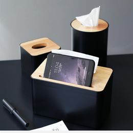 Modern Black Color Tissue Containers with Phone Holder Wood Cover Seat Type Roll Paper Tissue Canister Cotton Pads Storage Box Y20293H