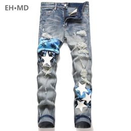 Mens Jeans Leather Star Embroidered Men with Island Pattern Small Foot Slim Fit Perforated Pants Worn Loose Vintage Stretch Street 23 230925