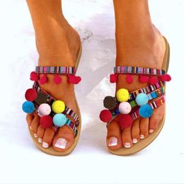 Sandals Ladies Fashion Summer Colorful Cloth H Ball Decor Boho Flat