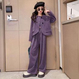 Clothing Sets Girls Spring And Autumn Coat Teenagers Children Cardigan Wide Leg Pants Clothes Fashion Classic Two-piece Set