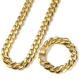 High Quality Yellow White Gold Plated Cuban Chain Necklace Bracelet Set for Men Cool Hip Hop Jewelry Gift1801