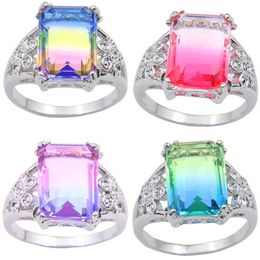 4Pcs Lot Top Fashion Bohemian Style Square Ring Jewellery 925 Silver Romantic Bi Coloured Tourmaline Zircon Wedding Rings For Woman #224E