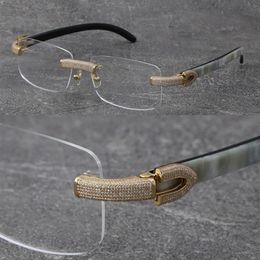 Whole New Black Mix White Buffalo Horn Frames Eyewear Rimless Micro-paved Diamond set Glasses male and female 18K gold frame g169I