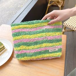 Retro Plush Stripe Women's Clutch Purse Cosmetic Bags Contrast Color Female Makeup Case Handbags Winter Travel Large Storage Bag