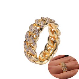 8MM Mens Cuban Link chain Rings Hip Hop Zircon Stone Gold Silver Iced out Ring For Women Hiphop Jewelry Gift356N