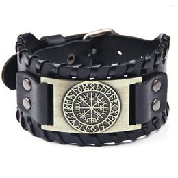 Charm Bracelets Charmsmic Round Vintage Pattern Mens Wide Genuine Leather Wristband South Compass Male Husband Jewellery Decoration