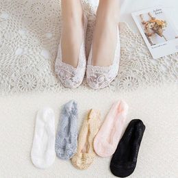 Women Socks 5 Pairs Lace Flower Invisible Slipper Thin Summer Silicone Anti Slip Ankle Female Short Boat