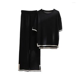 Women's Two Piece Pants 2 Pcs/Set Women T-shirt Set Split Loose Casual Contrast Colour Short Sleeves Elastic Waist Wide Leg Summer Outfit-117