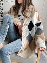 Women's Sweaters Colorfaith 2022 Plaid Chic Cardigans Button Puff Sleeve Checkered Oversized Women's Sweaters Winter Spring Sweater Tops SW658 L230925