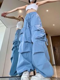 Women's Pants Design Parachute Overalls Summer Thin American Casual Hiphop Loose Wide-leg Blue Clothing Y2K