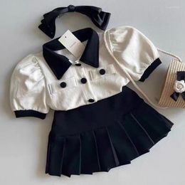 Clothing Sets Retro Girls Skirts White Shirt And Black Pleated Summer Suits Clothes Puff Sleeve Shirts Cute Suit 1-8Y