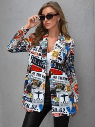 Vintage Letter Irregular Printing Blazer Women Jacket High Street Fashion Fall Plus Size Elegant Lady Coat American Stylish