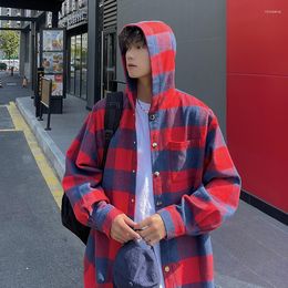 Men's Jackets Plaid Hooded Shirt Casual Jacket Baggy Korean Fashion Single Breasted Blouses Male Harajuku Hoody Cargo Coats