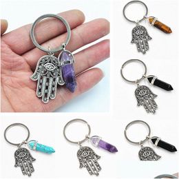 Key Rings Fashion Crystal Chains Jewellery Accessories Natural Stone Antique Symbol Evil Eye Fatima Hand Pendant Keychains Bag Car Drop Dh7Os