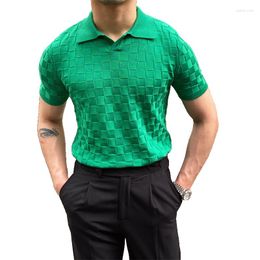 Men's Polos Men Summer Plaid Knitted Polo Shirts 2023 Vintage Green Short Sleeve Lapel Tee Tops Elasticity Slim Casual Business Social