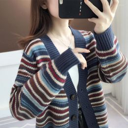 Women's Knits 2023 Winter Vintage Striped Loose Casual Sweater Cardigan Ladies Fashion All-match Button Up Top Women Knitting Coat Outwear
