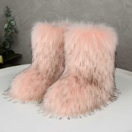 Fur snow boots, flat heels, high top imitation raccoon fox fur, winter insulation, medium length boots, women's shoes 230925