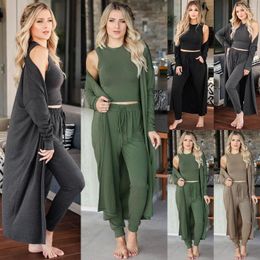 Women's Two Piece Pants Autumn And Winter Fashion Women Three-suit Ladies Knitted Slim Temperament Long Cardigan Vest Trousers Sports Suit