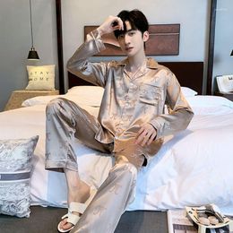 Men's Sleepwear Autumn Winter Men Satin Pyjamas Set Turn-down Collar Long Sleeve Trousers 2 Piece Leisure Pyjama Pijamas Home Wear Pjs