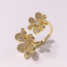 Cluster Rings Quality Fashion Jewellery Pave Zircon Rose Gold Colour Double Flower Open For Women Can Adjusted Size DJ1452220d