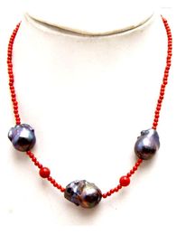 Ketten Qingmos Barock 14 25mm natürliche schwarze Perle Anhänger Halskette für Frauen mit 3-4mm roten Korallenhalsketten Schmuck