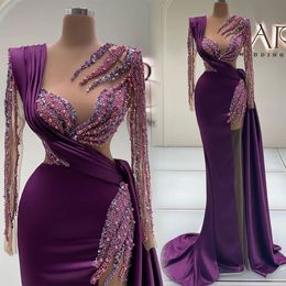 Sukienki wieczorowe Purple imprezowe suknia na imprezę Formalną syrenę kochanie długie rękaw z koralikami Nowy niestandardowy zamek błyskawiczny Plus rozmiar cekiny satynowe szczeliny uda iluzja