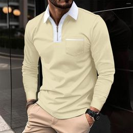 Men's Polos Spring And Autumn Long Sleeve Polo Neck Fashion Casual Slim Fit Pocket Contrast Colour T-shirt