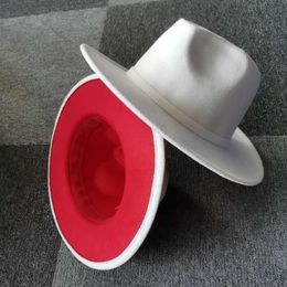 Trend Outer White Inner Red Patchwork Women Artificial Wool Felt Jazz Fedora Hats Ladies Flat Brim Panama Trilby Party Hat 60 CM232t