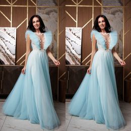 Light Blue A Line Evening Dress Sheer Lace Neck Short Sleeve Party Dresses Photography Prom Gowns