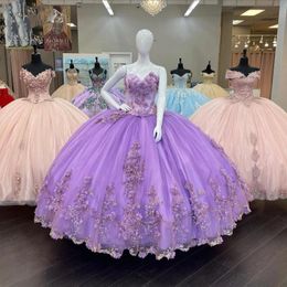 Lilac Quinceanera Dresses 3D Floral Applique Sweetheart Neckline Lace up Back Floor Length Ballgown Princess Sweet 16 Party vestido