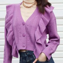 Women's Knits Elegant Purple 2023 Ruffle Knitted Cardigan Korean Patchwork Sweater Coat Autumn Long Sleeve V-neck Knitwear Short Jacket