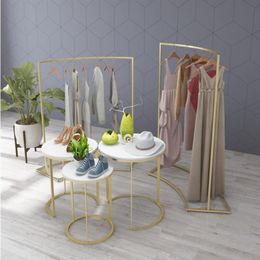 Golden clothing store display rack Commercial Furniture floor arc middle island side hanging clothes water table combination racks274q