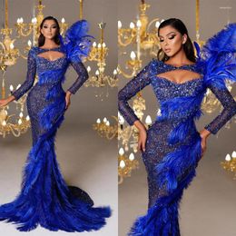 Runway Dresses Chic Royal Blue Feathers Evening Dress Beads Crystals Mermaid Prom Gowns Illusion Tassels Party Custom Made