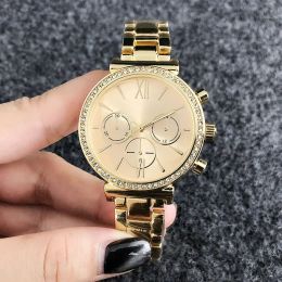 2023 Brand MKK New Fashion designer women Girl 3 Dials style Metal steel band Quartz Watch Wholesale Free Shipping gold crystals stones business