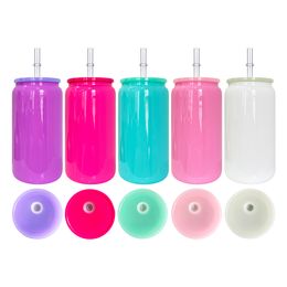 Glossy USA Warehouse Coloured Borosilicate Colourful Solid Colour Drinking Tumblers 16oz Beer Soda Glass Can with Pp Plastic Lids for UV DTF Wraps 4.23