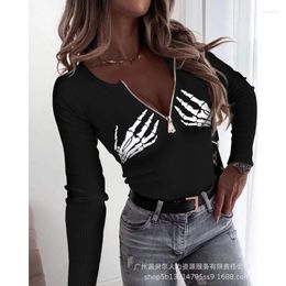 Women's T Shirts 2023 Y2K INS Clothes Casual Long Sleeve Zipper V Neck Slim Fit T-shirt Halloween Skeleton Print Ribbed Top Shirt For Women