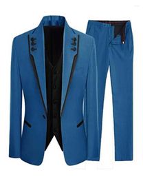 Men's Suits Arrival Lake Blue Full Men Custom Made Blazer Trouser For Wedding Coat Groom Party Wear 3Pcs Jacket Black Vest Pants