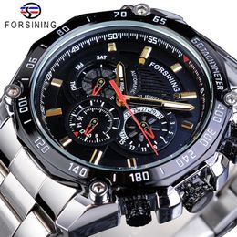 Forsining Sport Style Men's Mechanical Watches Black Automatic 3 Sub Dial Date Stainless Steel Belts Outdoor Military Wristwa251j