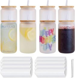 CA/USA Warehouse Sublimation Glass Blanks with Bamboo Lid, 16oz Frosted Glass Cups with Lids and Straws, Sublimation Glass Cups, Borosilicate Glasses for Beer, Juice,