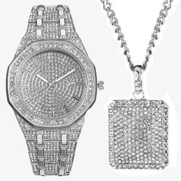 Wristwatches Iced Out Watch Necklace For Men 2pcs Luxury Diamond Bling Fashion Hip Hop Jewellery Set Mens Gold Watches Date Relogio