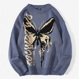 European and American tops, casual streetwear pullover, men's vintage hip-hop knit sweater, men's Harajuku butterfly pattern, loose fitting