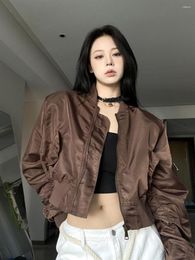 Women's Jackets American Vintage Black Bomber Jacket Streetwear Casual Waisted Biker Korean Fashion 90's Zip Crop Tops