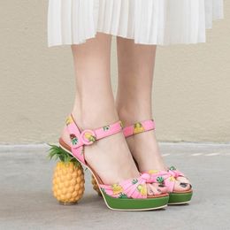 Slippers Genuine Leather Women s Sandals Fashion Pineapple High heeled Shoes Platform Silk Printing Summer Big Size Lady 230925
