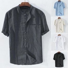 Men's Casual Shirts Baggy Cotton Blend Solid Colour Short Sleeve Tops Blouse Slim Fit Male Mens Stand Collar Chemise Homme Manche Court