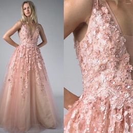 Party Dresses Luxury Pink Evening Dress Beading Sequined Appliques Floor Length V-Neck Sleeveless Tulle Girls Birthday Vestido De Festa 2023