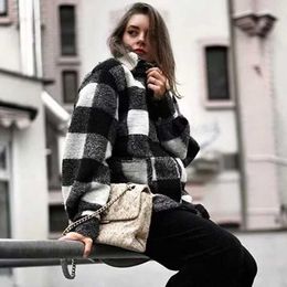 Women's Jackets Boho Inspired Tweed For Women Winter Black White Plaid Jacket Autumn Shirtwear Thick