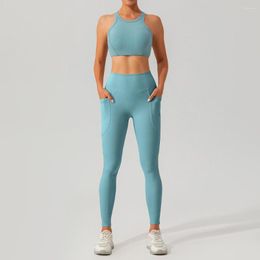 Women's Two Piece Pants Pmwrun Yoga Wear Quick Dried Ribbed Fabric Suit Set Back Fitness Hip Lift Sexy Side Pocket Legging