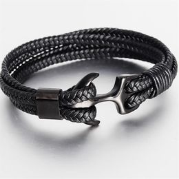 High Quality Men's Titanium Steel Bracelet Black Personality Leather Woven Anchor Rope For Men Gift Charm Bracelets277q