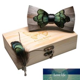 Original New Design JEMYGINS Bow tie Natural Feather Exquisite Hand Made Men Luxury Bow Tie Wooden Gift Box Set Wedding party Fact246Z